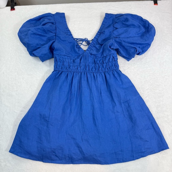 NEW Amalie the Label by Showpo Khaila LInen Lunge Puff Sleeve Mini Dress Blue 6 - Picture 7 of 15